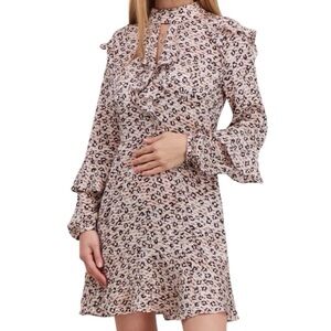 Avec Les Filles Ruffled Abstract Animal Print Long Sleeve Dress